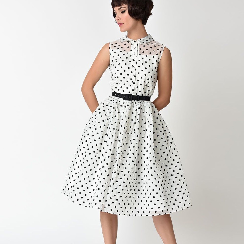 Polka Dot Sleeveless Midi Dress - White with Black Dots